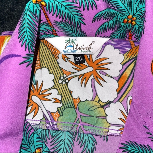 Lvish Hawaiian Print Button Down Shirt Men’s Sz 2XL Purple Teal Palm Trees Surf - Picture 7 of 7